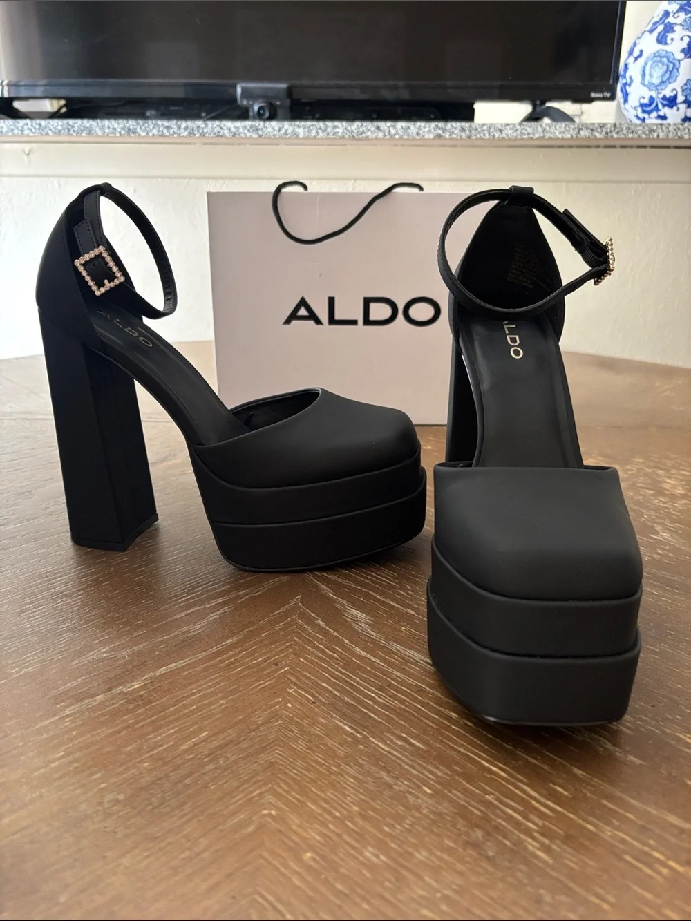 ALDO Grandle double-platform block-hell square toe rhinestone strap 6” heels